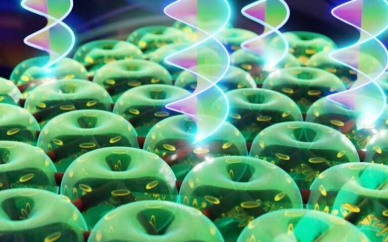 Des physiciens polonais et français ont piégé une tornade de lumière dans une structure microscopique en forme d’ADN : les cristaux liquides du CNRS et de Varsovie visent des lasers quantiques miniatures