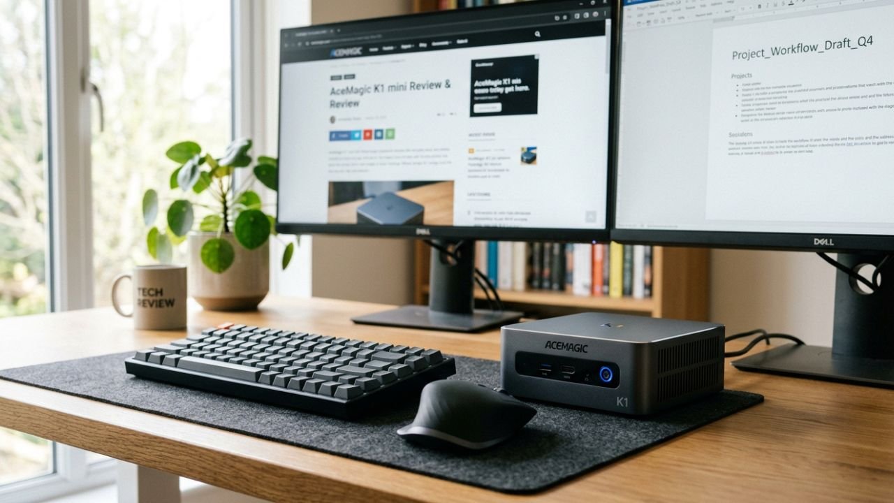 Mini PC AceMagic K1 posé près d’un clavier sur un bureau
