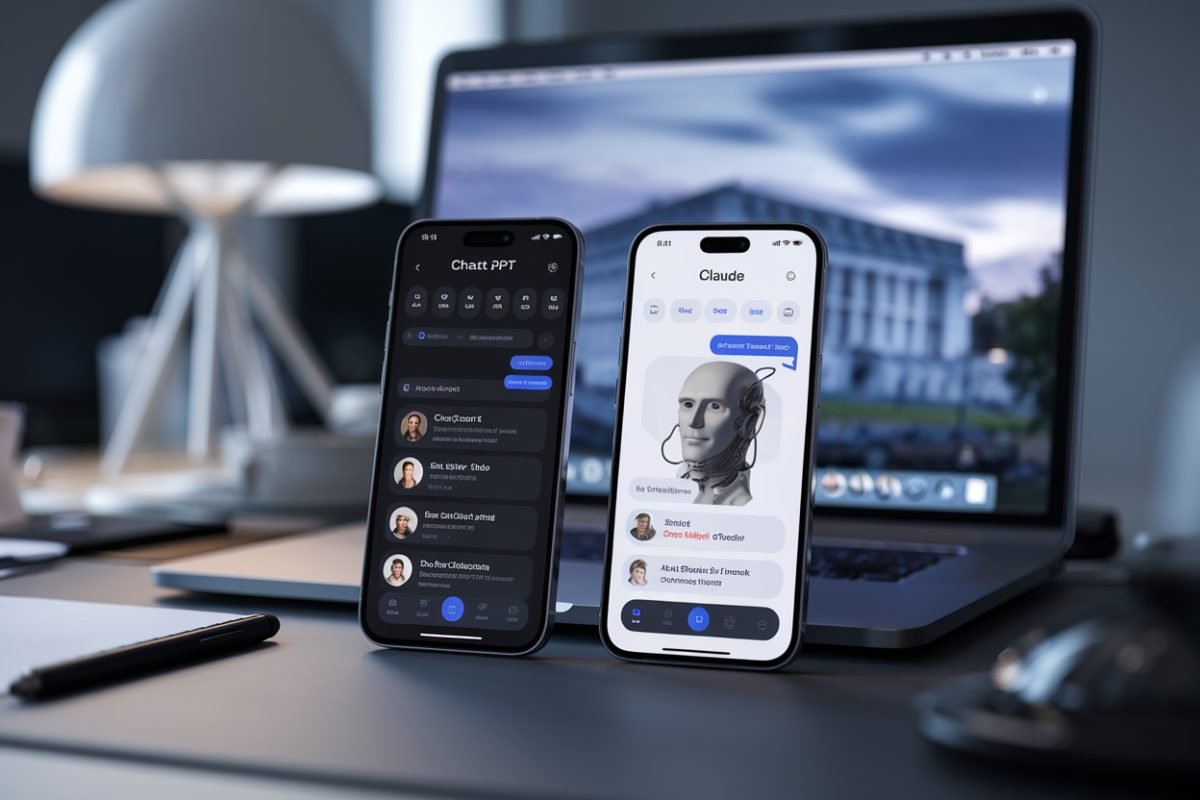 Deux smartphones affichent ChatGPT et Claude, avec le Pentagone en arrière-plan