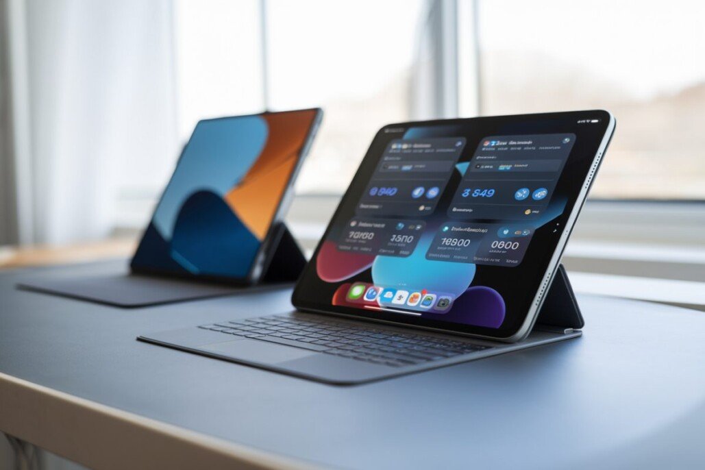 Un iPad Air affiche des scores CPU et GPU sur un bureau