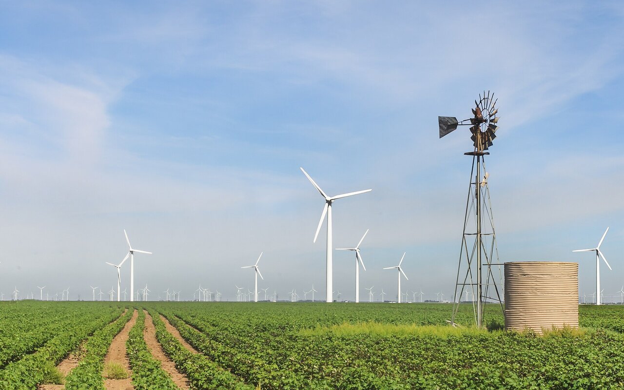 Parc éolien de Roscoe au Texas avec turbines modernes et ancien moulin à vent