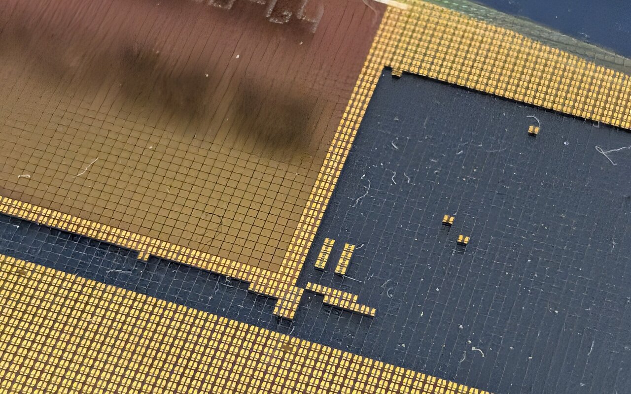 Wafer de silicium avec multiples puces microélectroniques gravées en motifs réguliers
