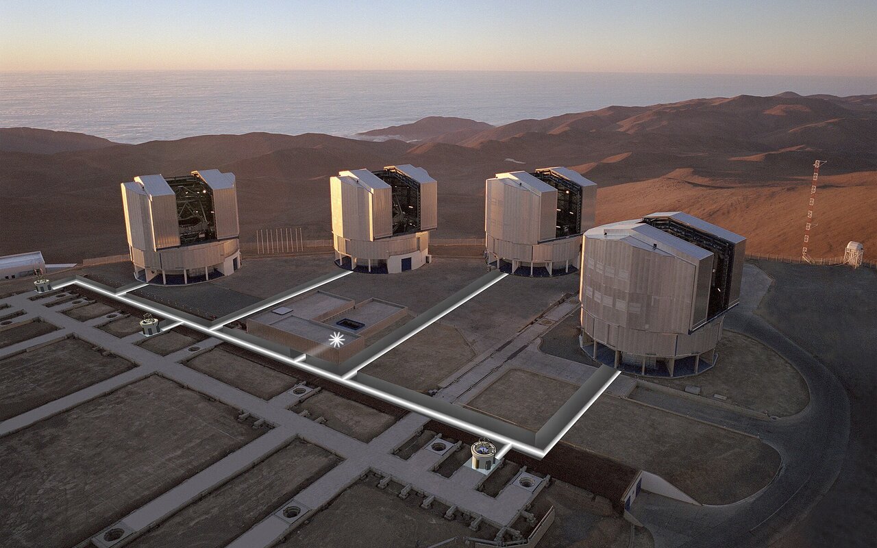 Vue aérienne du VLTI sur le Paranal avec les quatre télescopes de 8,2 mètres