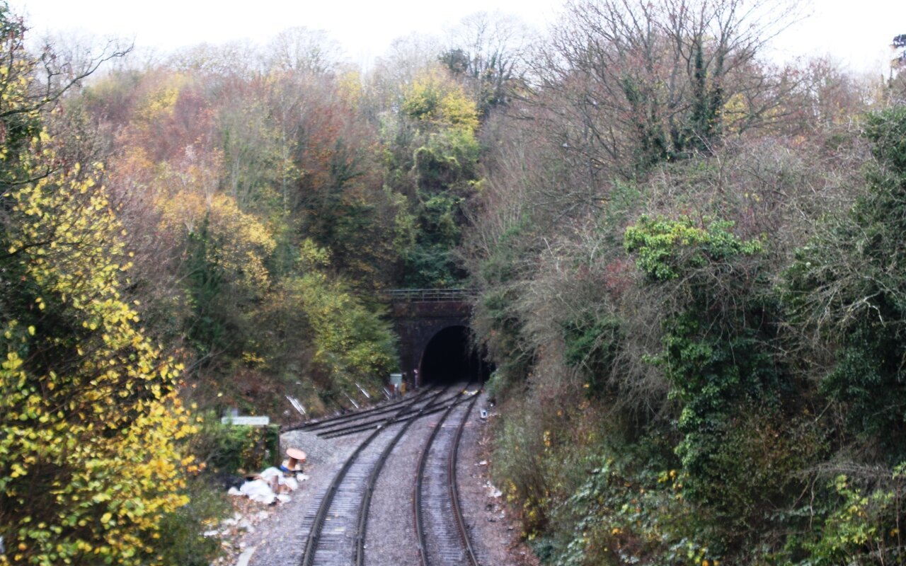 Tunnel ferroviaire avec voies de chemin de fer et portail est du tunnel de Fisherton à Salisbury