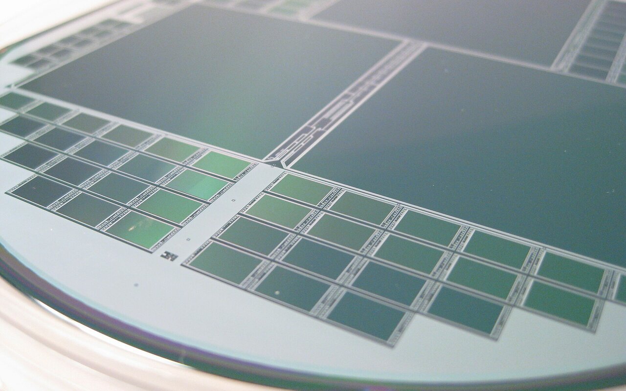 Close-up view of a semiconductor wafer surface