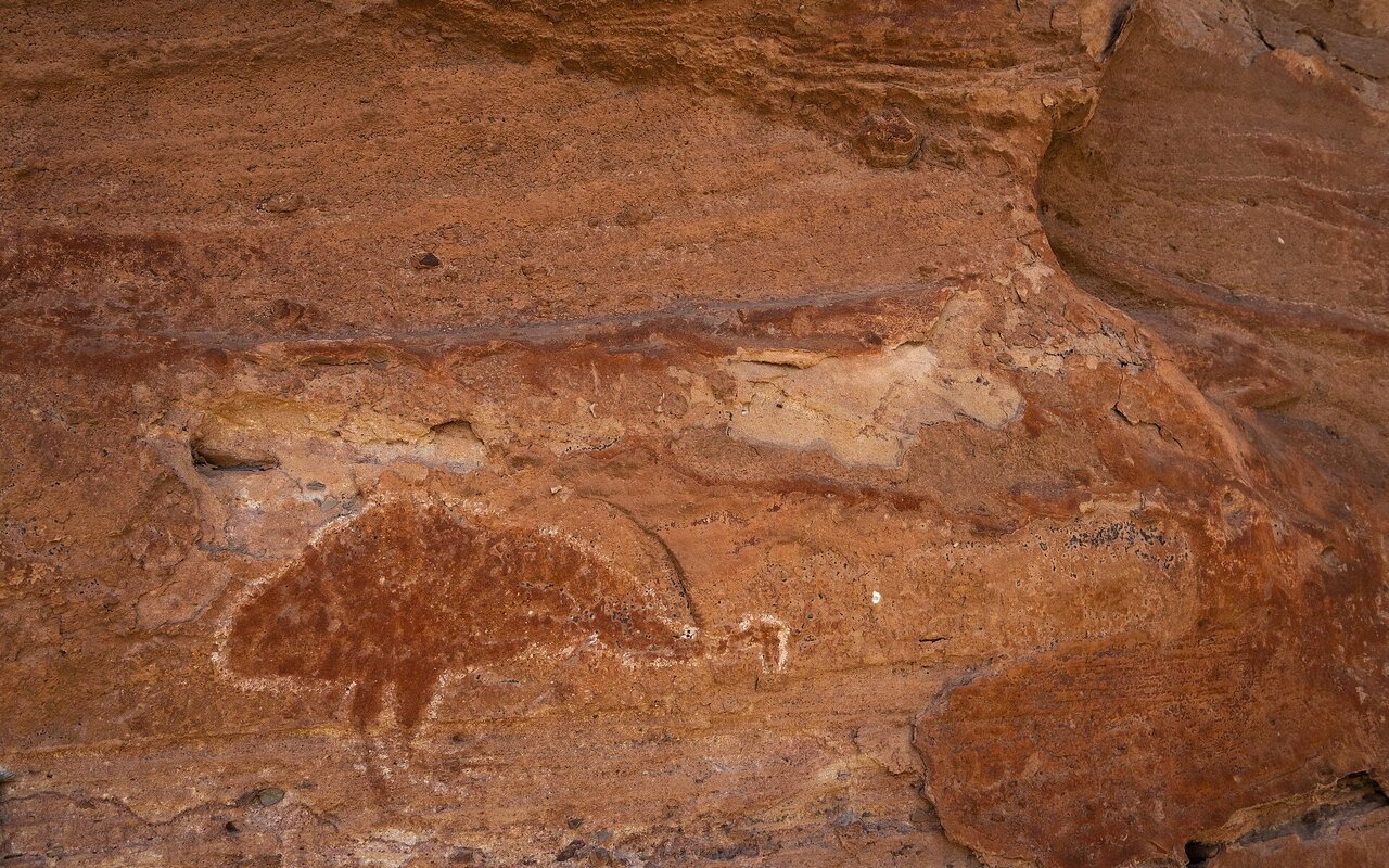 Art rupestre aborigène montrant des peintures sur paroi rocheuse dans une teinte ocre et rouge