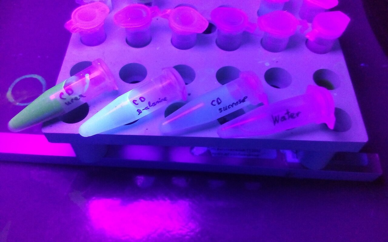 Points quantiques de carbone préparés à partir de différents précurseurs sous lumière UV