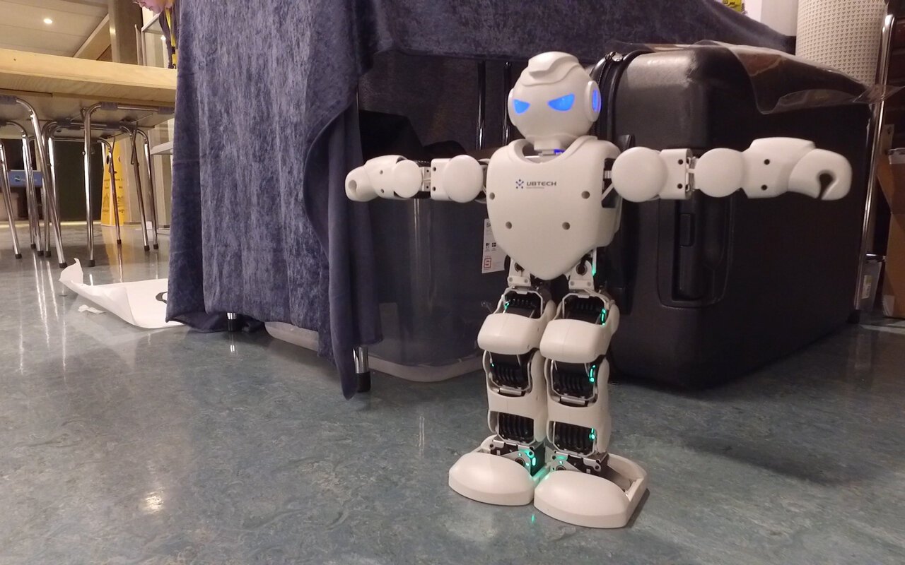 Petit robot humanoïde blanc UBTECH Alpha 1 Pro debout, bras écartés